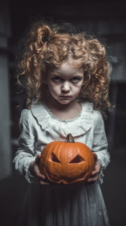 A girl with curly hair in a white dress stands in a dimly lit room holding a carved pumpkin with a serious expression.の素材