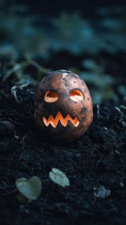 A spooky potato with a carved face sits among dark soil and green foliage capturing an eerie Halloween vibe in the garden.の素材