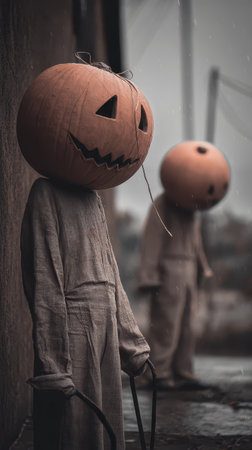 Two eerie figures with pumpkin heads stand silently in a desolate area evoking a haunting atmosphere during twilight.の素材
