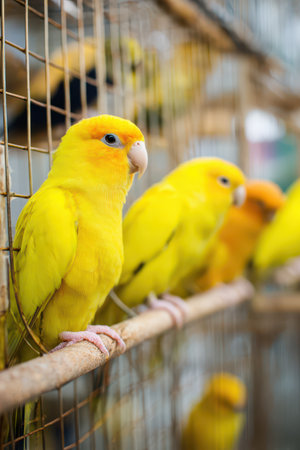 Several bright yellow birds are perched on a wooden bar inside a cage at a pet shop showcasing their...