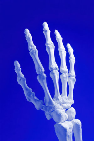 A close up representation of a human hand skeleton against a vivid blue backdrop showing the...