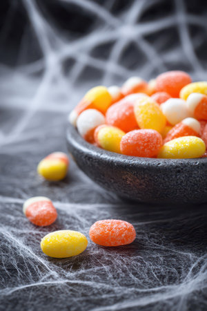 Bright jelly beans in orange yellow and white colors fill a black bowl surrounded by a spooky spider...