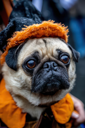 A pug wearing an orange and black Halloween costume is being held by a person at a festive outdoor event in autumn.の素材