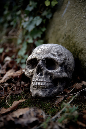 A detailed skull lies on the ground surrounded by fallen leaves and moss. The setting features natural greenery and a stone backdrop.の素材