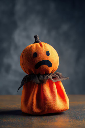 A cute fabric pumpkin with a sad face stands on a wooden surface creating a whimsical autumn atmosphere perfect for seasonal decoration.の素材