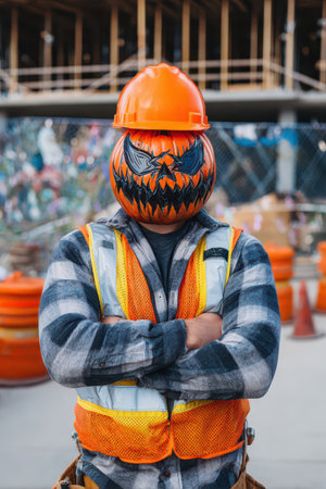 A construction worker stands confidently with a pumpkin head at a construction site. The worker is dressed in a safety vest and hard hat.の素材