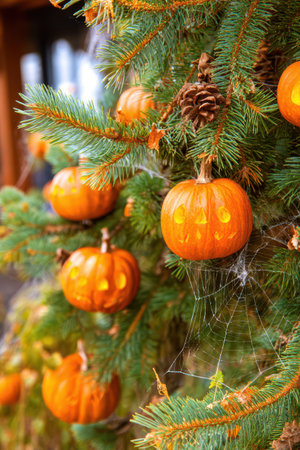 Small carved pumpkins are suspended from evergreen branches showcasing festive decorations for the autumn season highlighting a cozy atmosphere.の素材