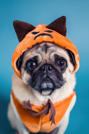 A cute pug is wearing an orange hoodie with cat ears sitting against a blue background and looking directly at the camera with big eyes.の素材