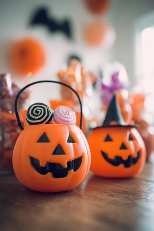 Two playful orange pumpkin containers filled with candy sit on a table surrounded by colorful Halloween decorations ready for celebration.の素材