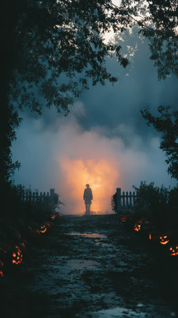 A shadowy figure strolls down a path surrounded by glowing jack o lanterns and thick fog on a Halloween night creating an eerie atmosphere.の素材