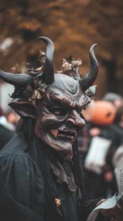 A creatively dressed figure with a horned mask and dark attire participates in a Halloween celebration showcasing local traditions and crafts.の素材