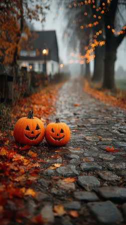 Two carved pumpkins sit on a cobblestone pathway surrounded by fallen orange leaves. The scene is misty and lit by warm lights from nearby buildings.の素材