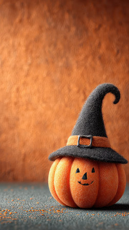 A small pumpkin wearing a black witch hat sits on a table against an orange background creating a festive Halloween atmosphere.の素材
