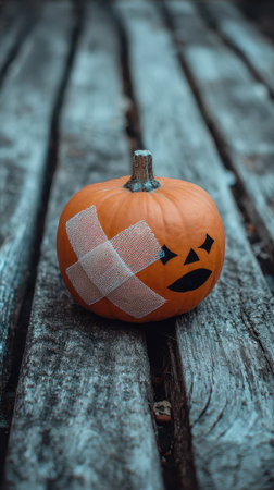 A carved pumpkin with a bandage rests on an aged wooden surface showcasing playful fall spirit and Halloween creativity in an outdoor setting.の素材
