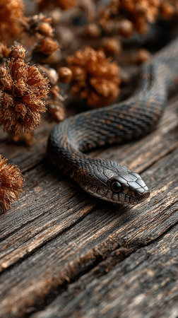 A snake lies on a rustic wooden surface surrounded by dried plants. Its sleek body contrasts with the natural decor.の素材