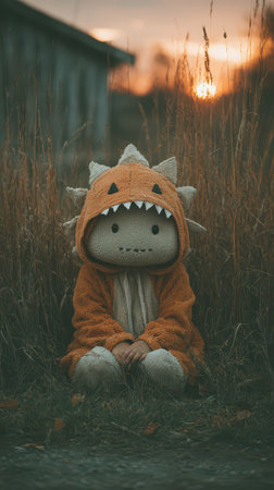 A child wearing a dinosaur costume sits quietly in a field at sunset. The warm light creates a magical atmosphere around them.の素材