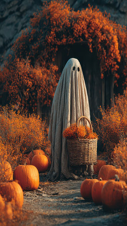 A ghost figure stands in a vibrant pumpkin patch surrounded by orange foliage and pumpkins holding a basket filled with flowers.の素材