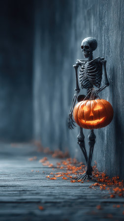 A skeleton stands against a dark wall holding an eerie pumpkin. Fallen leaves add to the Halloween atmosphere in a mysterious location.の素材