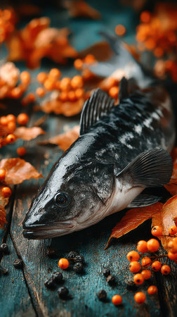 A vibrant fish rests on a rustic wooden table surrounded by colorful autumn leaves and small berries highlighting seasonal beauty.の素材