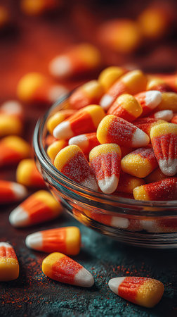 A glass bowl filled with vibrant candy corn sits on a textured surface surrounded by scattered pieces. Perfect for Halloween celebrations.の素材