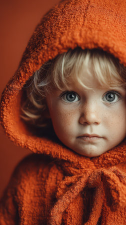 A young child with curly blonde hair and blue eyes wears a bright orange hoodie. The background enhances the warm cozy atmosphere of the moment.の素材