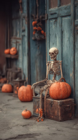 A skeleton is sitting on a wooden crate next to pumpkins in an autumn setting creating a festive Halloween atmosphere.の素材
