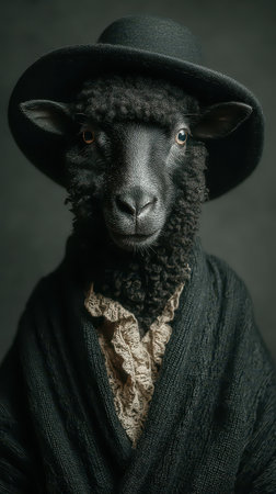 A sheep with a black wool coat poses confidently in a stylish hat and scarf showcasing its unique fashion flair indoors.の素材