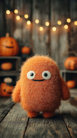A fluffy orange creature with big eyes poses among carved pumpkins in a cozy wooden setting with soft lights above.の素材