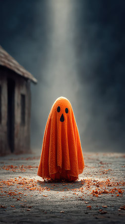 A playful orange ghost draped in a blanket stands in an eerie misty setting near an old house. The ground is covered in fallen leaves.の素材