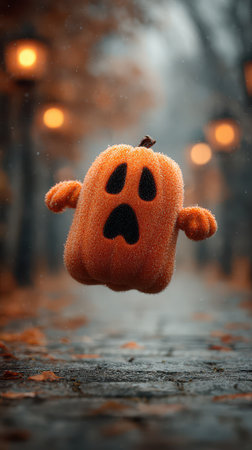A pumpkin ghost drifts above a cobblestone path with glowing lanterns embodying the spirit of Halloween in a tranquil autumn scene.の素材