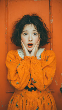 A girl wearing a vibrant orange Halloween dress shows surprise near an orange wall. Her wide eyes and hands on her cheeks capture the spooky spirit.の素材