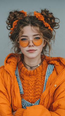 A young person wears a cozy orange sweater and glasses while posing confidently. Their creative style brings Halloween spirit to life.の素材