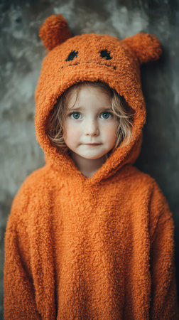A young child in a cozy orange hoodie with bear ears stands happily against a textured background celebrating Halloween with a warm smile.の素材