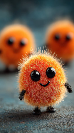 Colorful fuzzy creatures with big eyes bring joy and charm to a Halloween gathering. Their cheerful presence lights up the spooky atmosphere.の素材