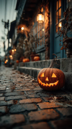 A carved pumpkin emits a warm glow on a cobbled street surrounded by fall leaves and flickering lights that create a spooky atmosphere.の素材