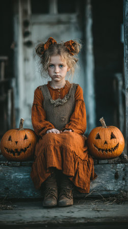 On a chilly Halloween night a girl in an orange dress sits between two friendly pumpkins creating a cozy eerie vibe.の素材
