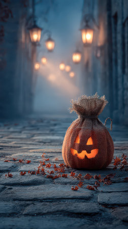 A jack o lantern made of burlap shines softly in the foggy cobblestone street. Lanterns illuminate the background creating a spooky atmosphere.の素材