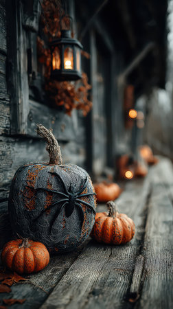 Lively pumpkins and a spooky black spider decorate a wooden ledge near a cozy cabin. Lanterns softly glow celebrating the Halloween spirit.の素材