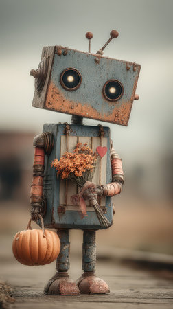 A charming robot stands outdoors holding a small pumpkin and a bouquet of autumn flowers ready to celebrate Halloween in a whimsical way.の素材