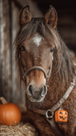 A brown horse with a friendly expression stands near a bright orange pumpkin embodying the Halloween festive spirit in a rustic barn setting.の素材