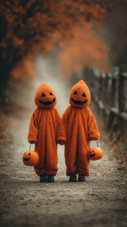 Two children in orange costumes stroll hand in hand carrying pumpkin buckets while surrounded by a misty Halloween atmosphere.の素材
