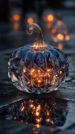Glimmering pumpkin light reflects on wet pavement creating a mystical atmosphere. Perfect decorations for a festive Halloween celebration.の素材