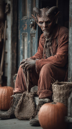 A mysterious figure dressed in rustic clothing sits quietly among pumpkins on Halloween.の素材