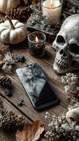 A dark wooden table displays a phone surrounded by candles a skull pumpkins and autumn leaves. This scene captures Halloweens haunting charm.の素材
