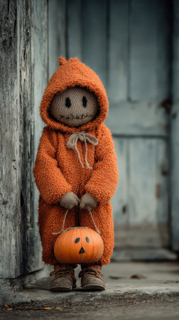 A small scarecrow in an orange outfit stands near a wooden door holding a carved pumpkin with a happy face. Autumn leaves surround the scene.の素材