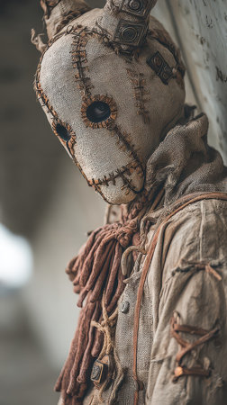 A haunting figure stands quietly under a dilapidated structure blending eerie charm with the essence of Halloween festivities.の素材