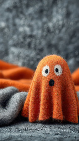 A charming orange ghost figure pops up from a soft gray blanket bringing a playful Halloween spirit to any cozy setting.の素材