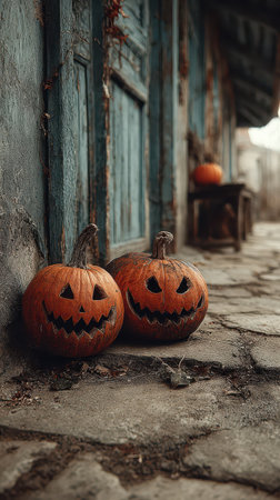 Two carved pumpkins smile mischievously beside a worn door on a chilly Halloween evening. The stone path adds to the spooky charm.の素材
