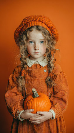 A girl with curly hair in an orange outfit and knit hat holds a pumpkin against a bright orange backdrop capturing Halloween vibes.の素材