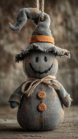 A cute doll dressed in gray fabric and a playful hat brings a cozy Halloween vibe to any space. Its handmade charm makes it special.の素材